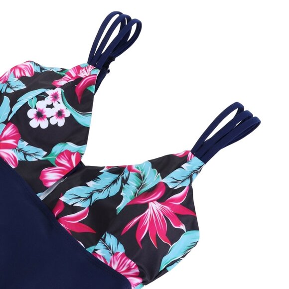 Floral Print Upper Two-Piece Swimsuit Navy Blue Tankini Swim Dress Beachwear - Picture 7 of 10